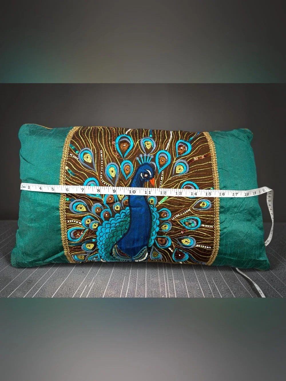 Pier 1 Imports Peacock Embroidered Sequin Lumbar Pillow 12x20 Teal Brown Gold